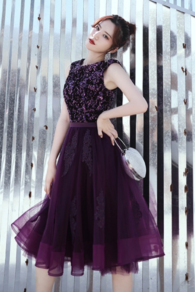 パープル ミディ丈 メッシュ パーティードレス Tm0230 パーティードレス通販専門店 Clasio