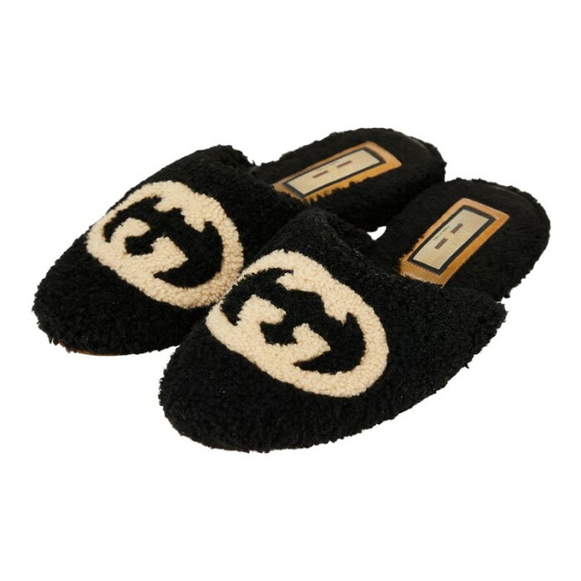 グッチ インターロッキングG サンダル サイズ：9 ブラック ベージュ ボア レディース GUCCI 【中古】