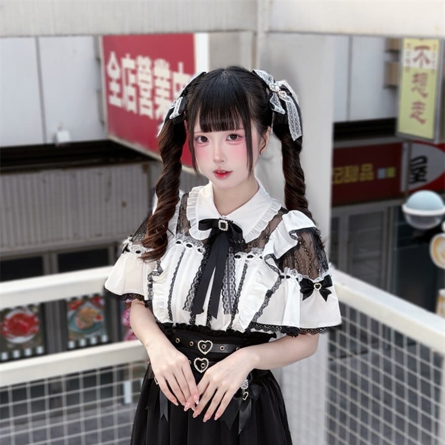 ゴスロリ｜黒レースオフショルセットアップ（白×黒）撮影会向け