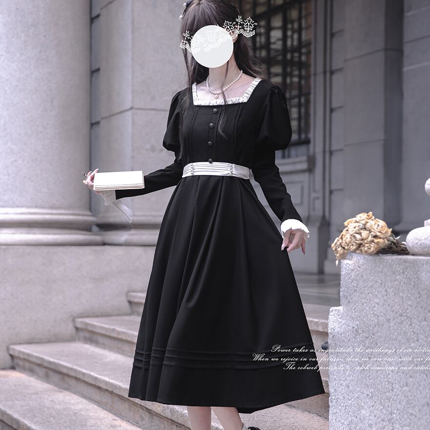 量産型 ロリィタ ワンピース 黒 クラシカル ジュリエット袖 ロング丈