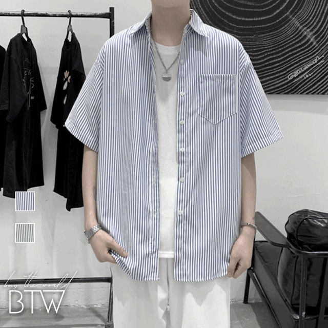 【韓国メンズファッション】ショートスリーブストライプシャツ ナチュラル カジュアル きれいめ 大人 ユニセックス プチプラ BW2685