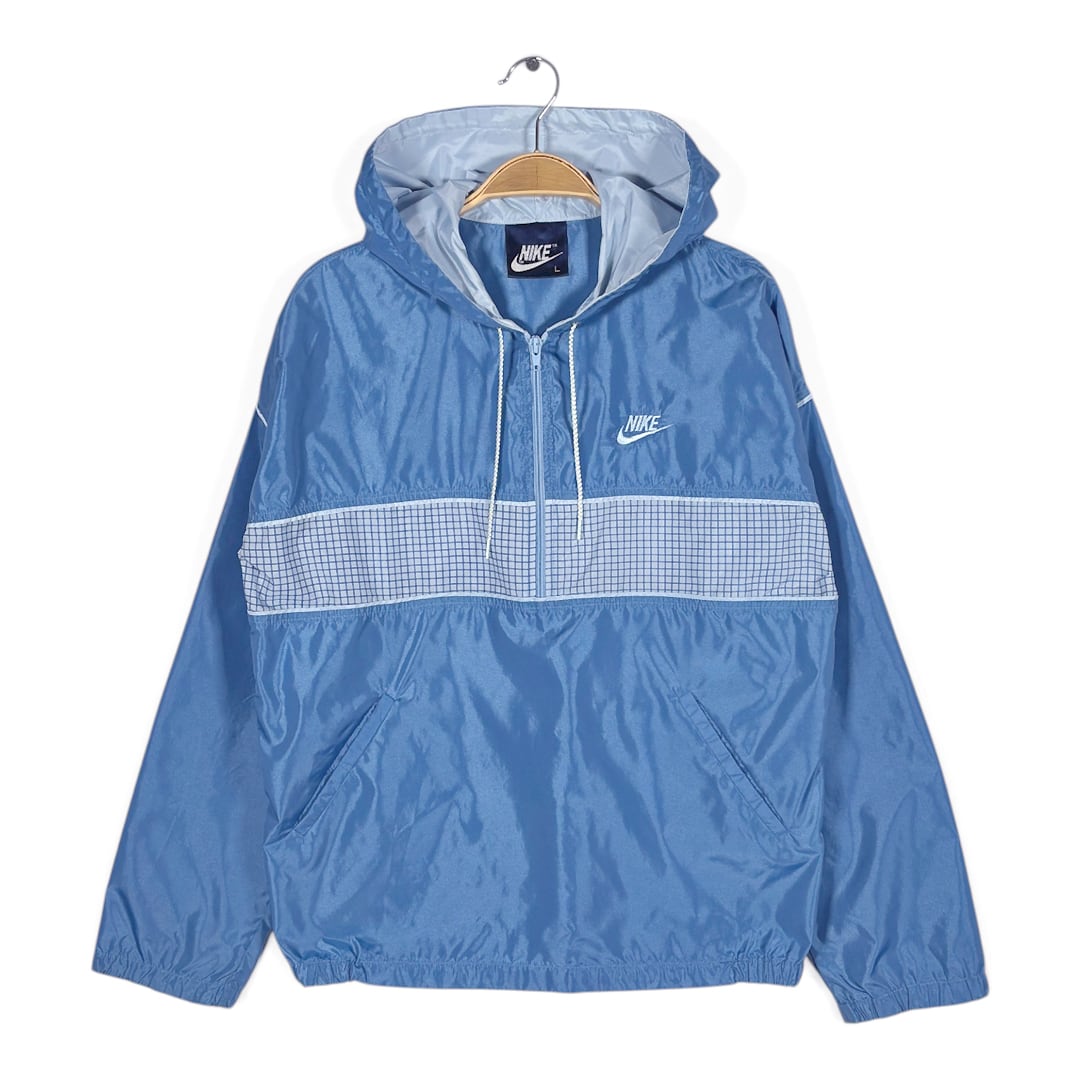 80s ナイキ 紺タグ ヴィンテージ ナイロンジャケット プルオーバー フード ライトブルー NIKE メンズL 古着 CK0264