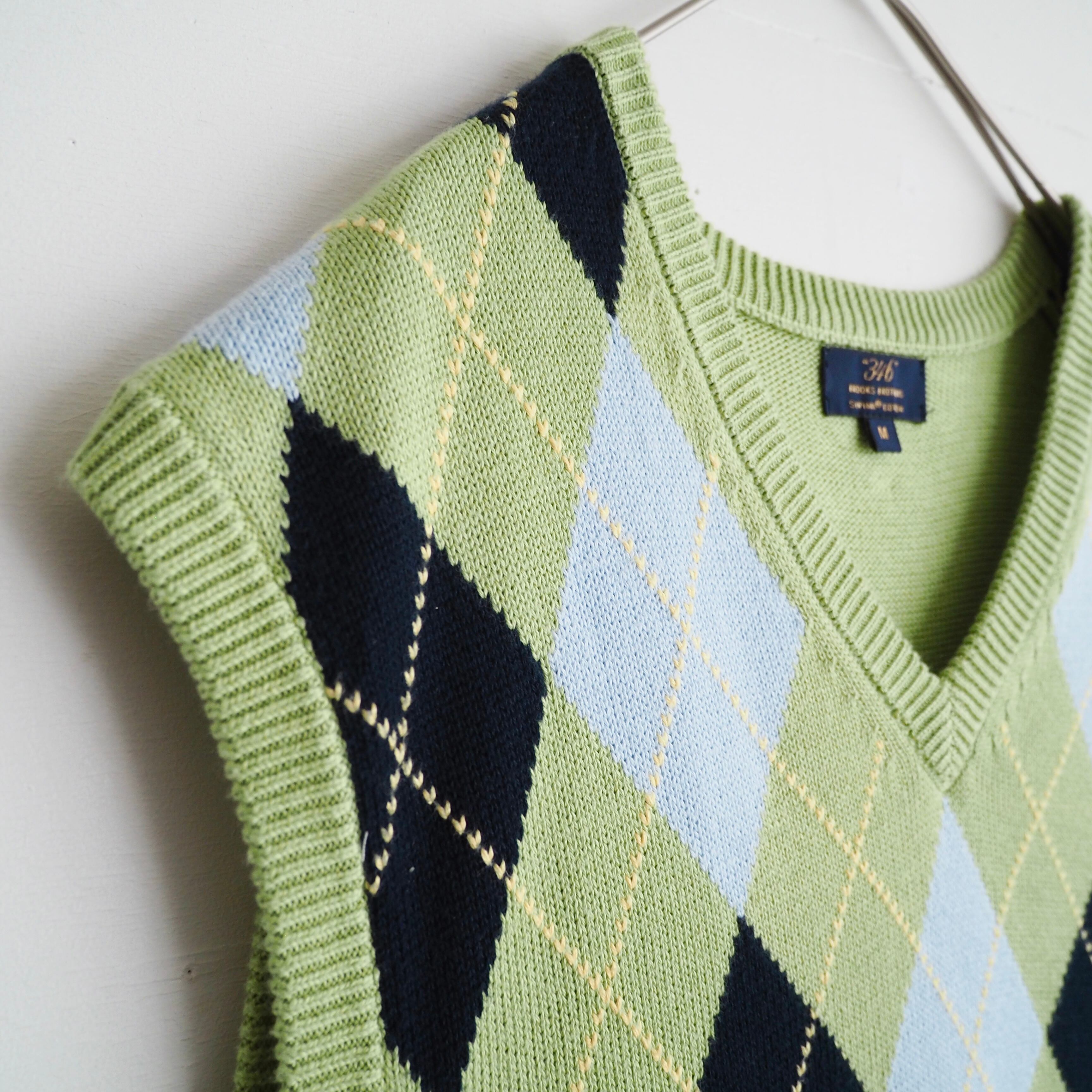 ” Brooks Brothers ” light green × yellow stitch argyle check pattern knit vest