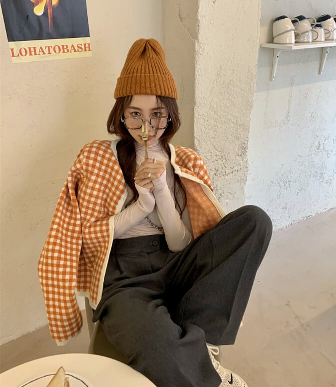 スタンダード格子柄ニットカーディガンルーズセーター コート オータムトップス レトロ 秋物 モンロー73408299797