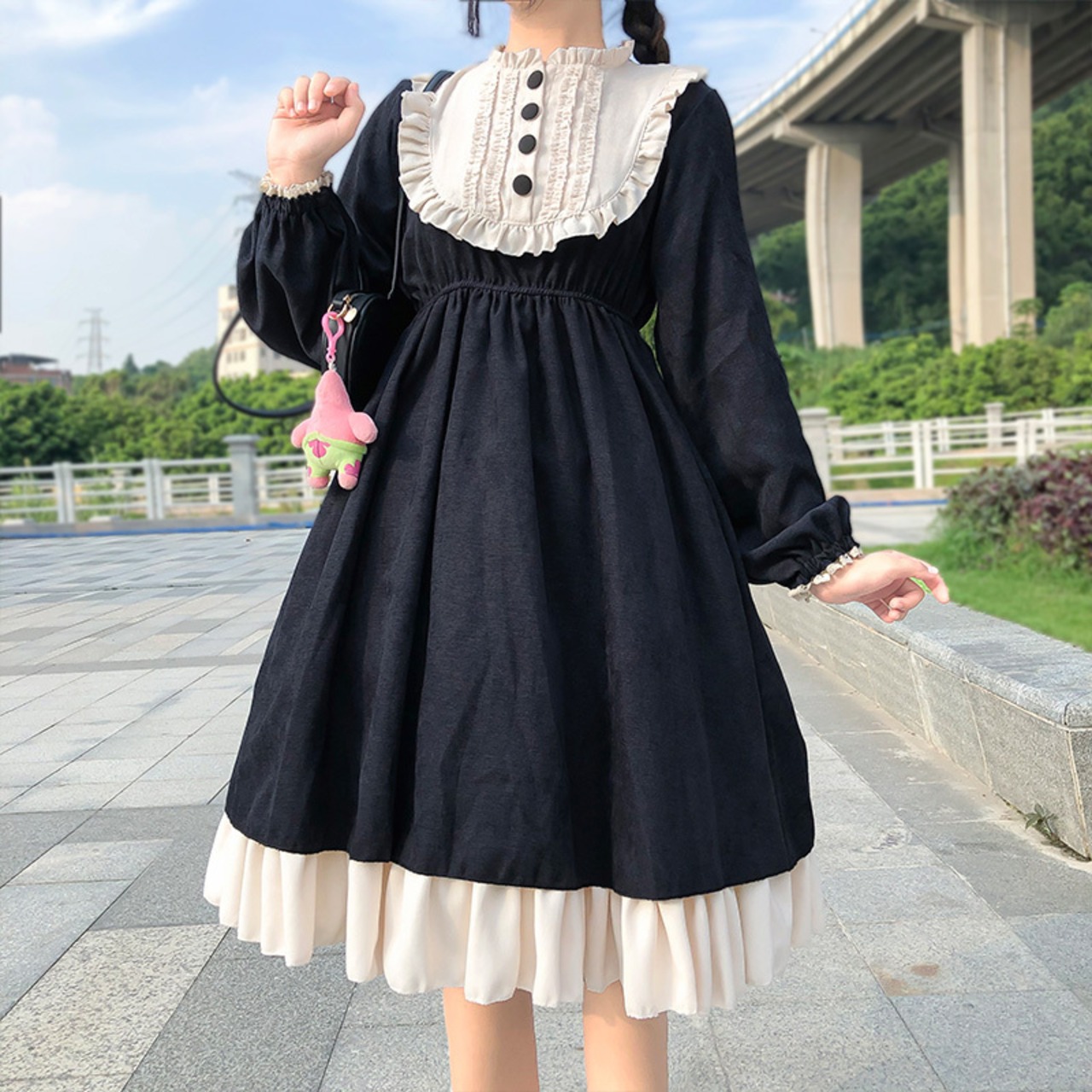 ロリータワンピース 長袖 ロリィタ lolita ハイウェスト チャイナ風  