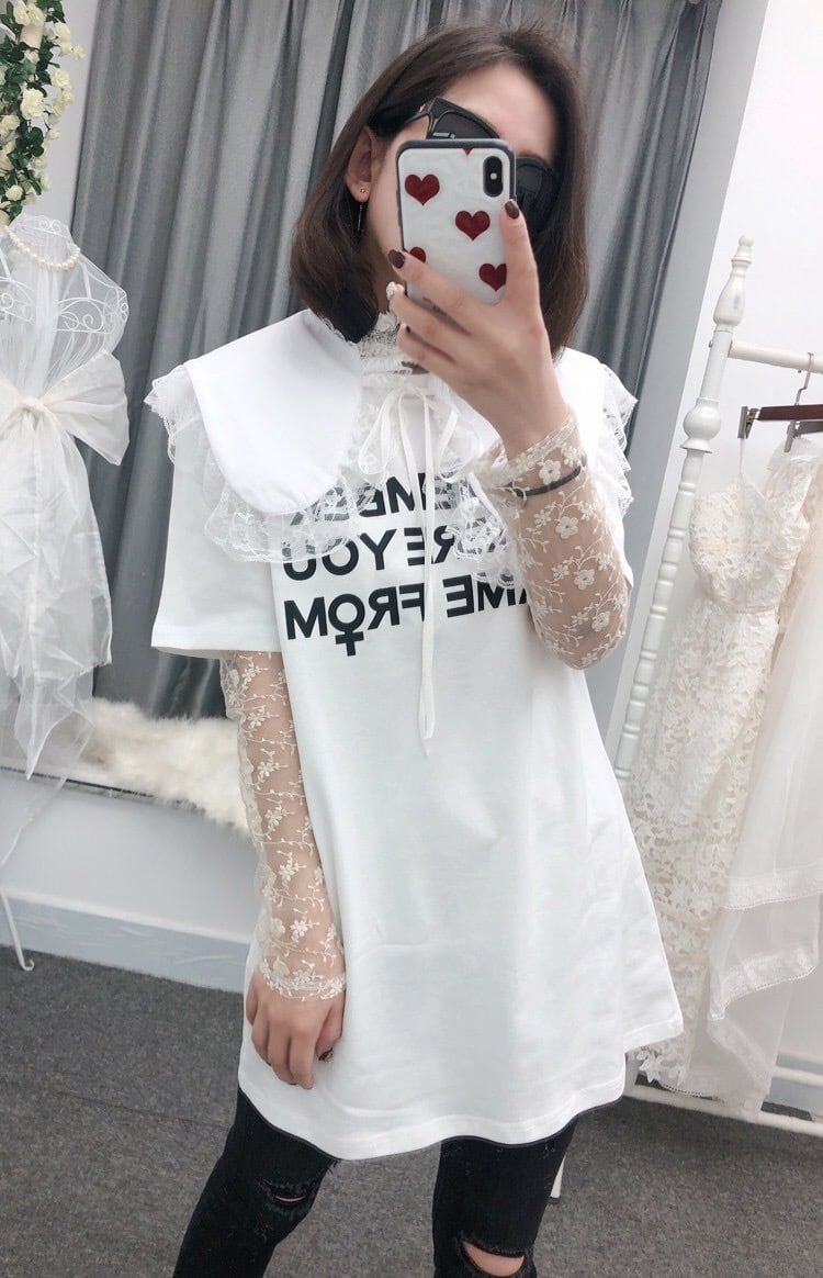 丸襟 デカ襟 トップス Tシャツ カジュアル 付け襟 白 ホワイト レース