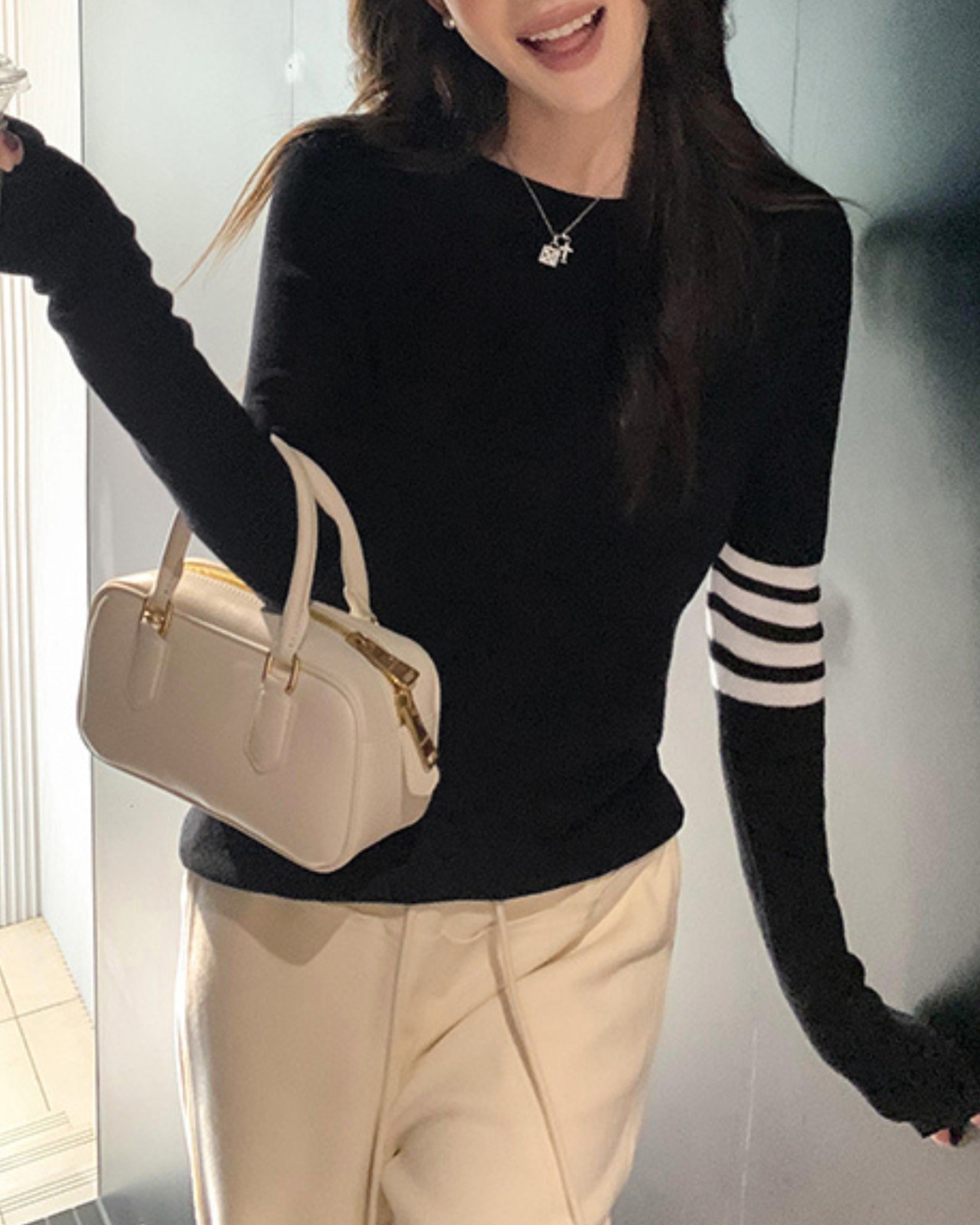 ボーダースリーブクルーネックニット 2color A0700 - 5