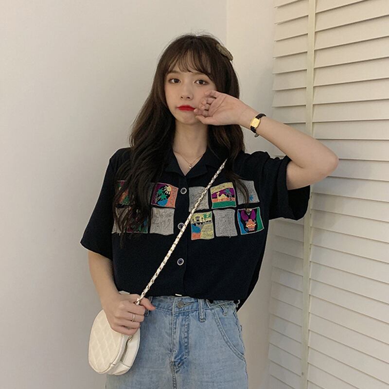 サマートップス スタンダードスタイルシャツ ブラック レトロ 夏物 スーパーモール49092019866