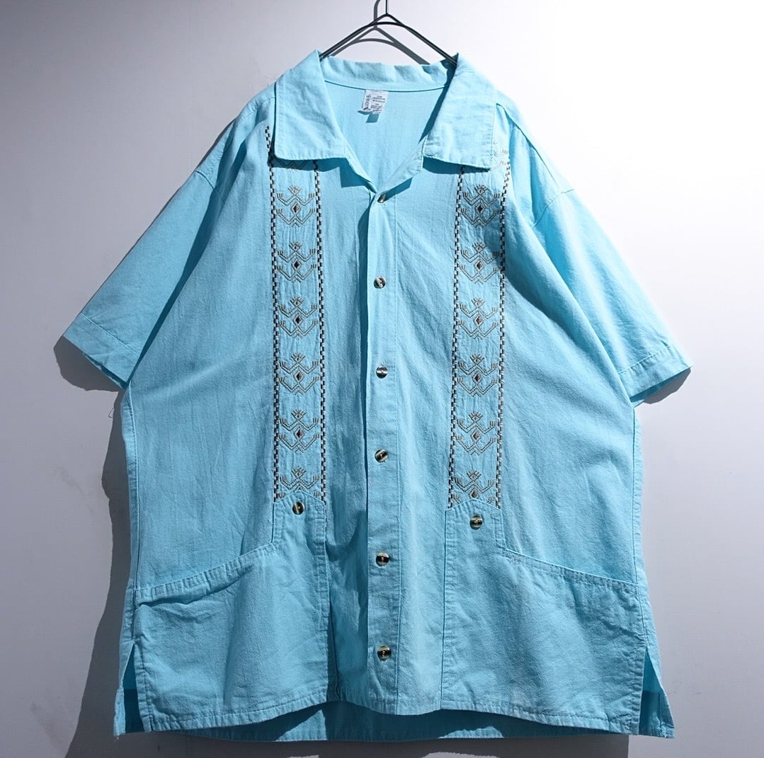 90s Light Blue Native Embroidered Cuba Shirt