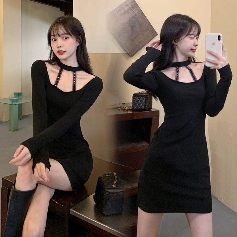 ワンピース セクシー 無地 長袖 大きいサイズ 黒 膝上 おしゃれ ブラック M L Xl 2xl Dresszone