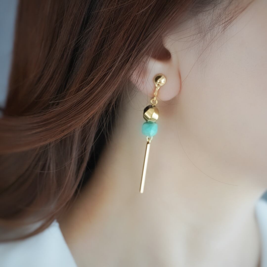 痛くないイヤリング 日本製金具 大ぶり 揺れる ターコイズ ヘマタイト ロング 夏色 ゴールド 大人