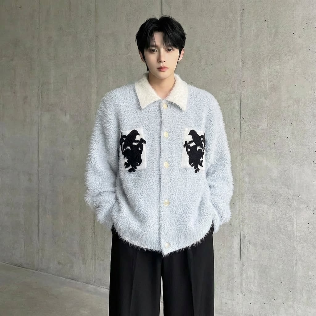 バード刺繍 シャギーニットカーディガン 2カラー D12045