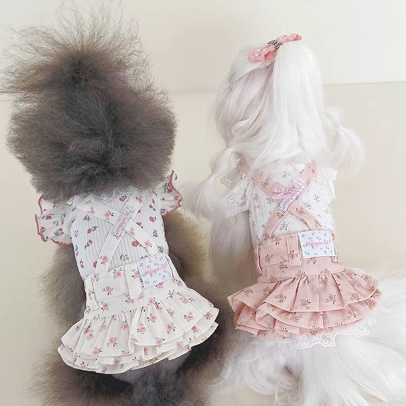 小花柄のサスペンダーティアードスカート 犬服 00687