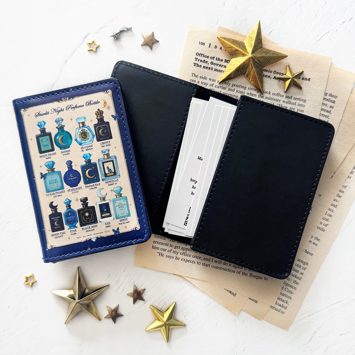 小さな本のような名刺入れ 星空香水瓶 コラージュ瓶柄