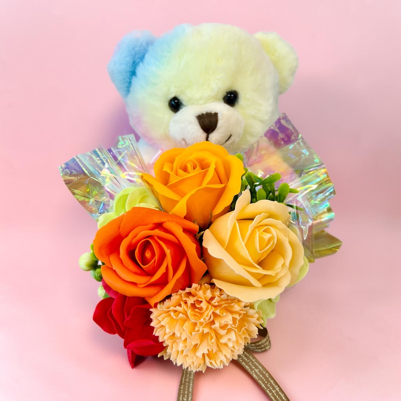 【レインボーベア】ぬいぐるみフラワーギフト オレンジ｜誕生日・発表会・推し活・記念日【ふわもこシリーズ】