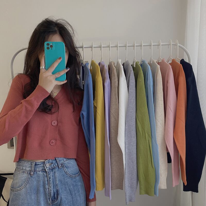 Vネックニットカーディガンジャケット レディーススプリングオータム薄手セーター クロップドトップス 春物 秋物 試着室44639024655