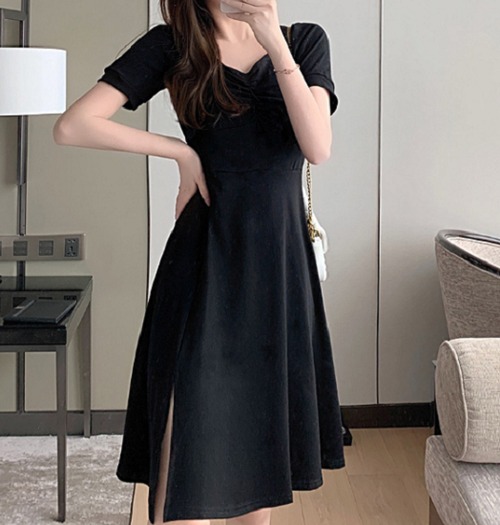 膝丈ワンピース レディース 大きいサイズ 夏新作 きれいめ ワンピース 半袖 ひざ丈 体型カバー お呼ばれ ゆったり パフスリーブ フレア ブラック 膝丈ワンピース レディース 大きいサイズ 夏新作