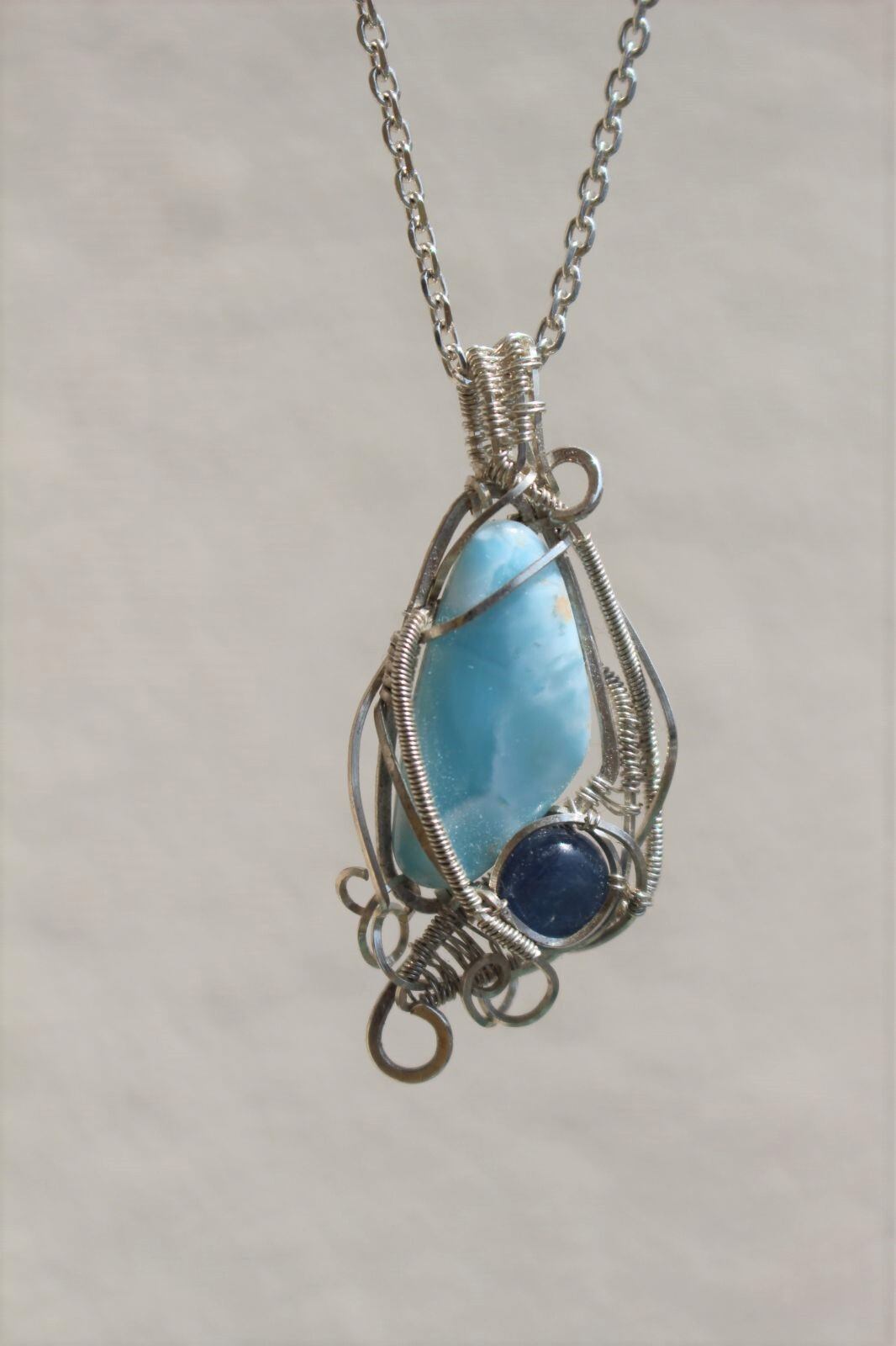 Larimar & Kyanite silver925 wirewrapping pendant