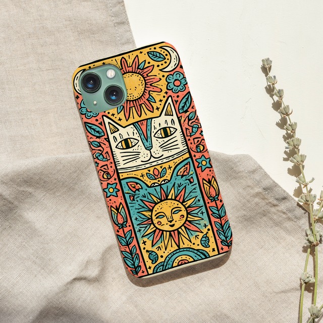 受注生産 iPhoneケース 猫と太陽のサイケ民芸柄｜猫モチーフ PSYF028C