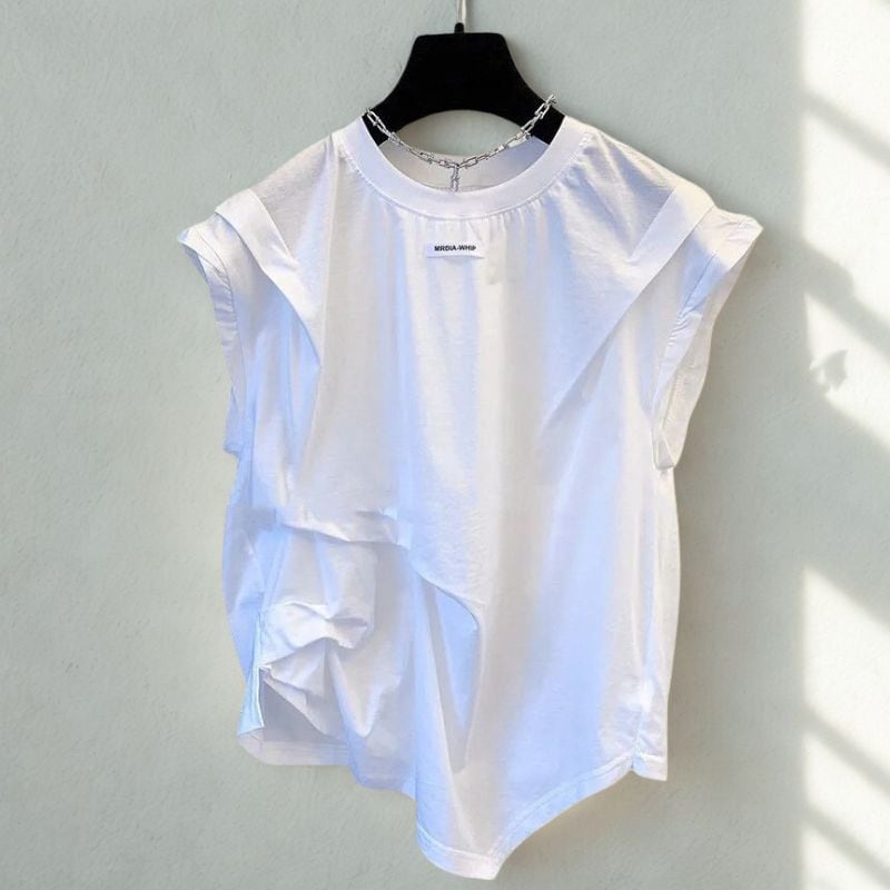 Asymmetrical gather french sleeve tee 2 colors V2447