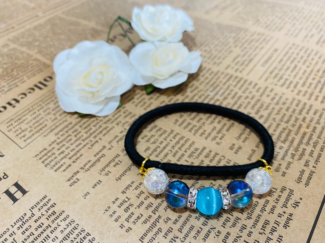 ◇美麗◇天然石ヘアゴム◇ブルーキャッツアイ×アクアオーラブルー 