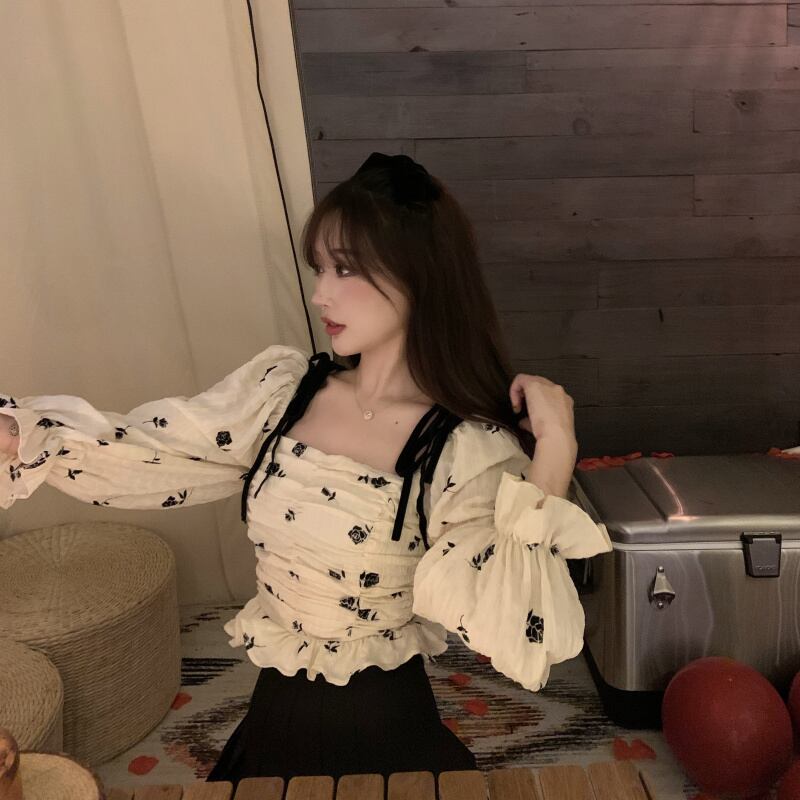 ショートスリムフローラル長袖スリーブシャツ シフォントップス ロング 花柄 スクウェア ブラックストロベリース90690551042