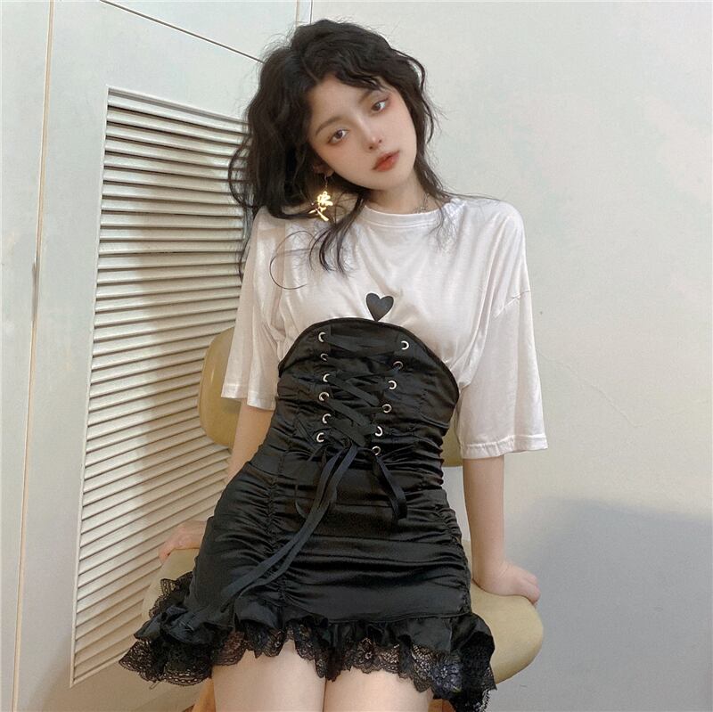 カジュアルレーススカート スタイルハイウェストウェストTシャツ 半袖スリーブ ショート ハーフスリーブ ケッペル82648873601