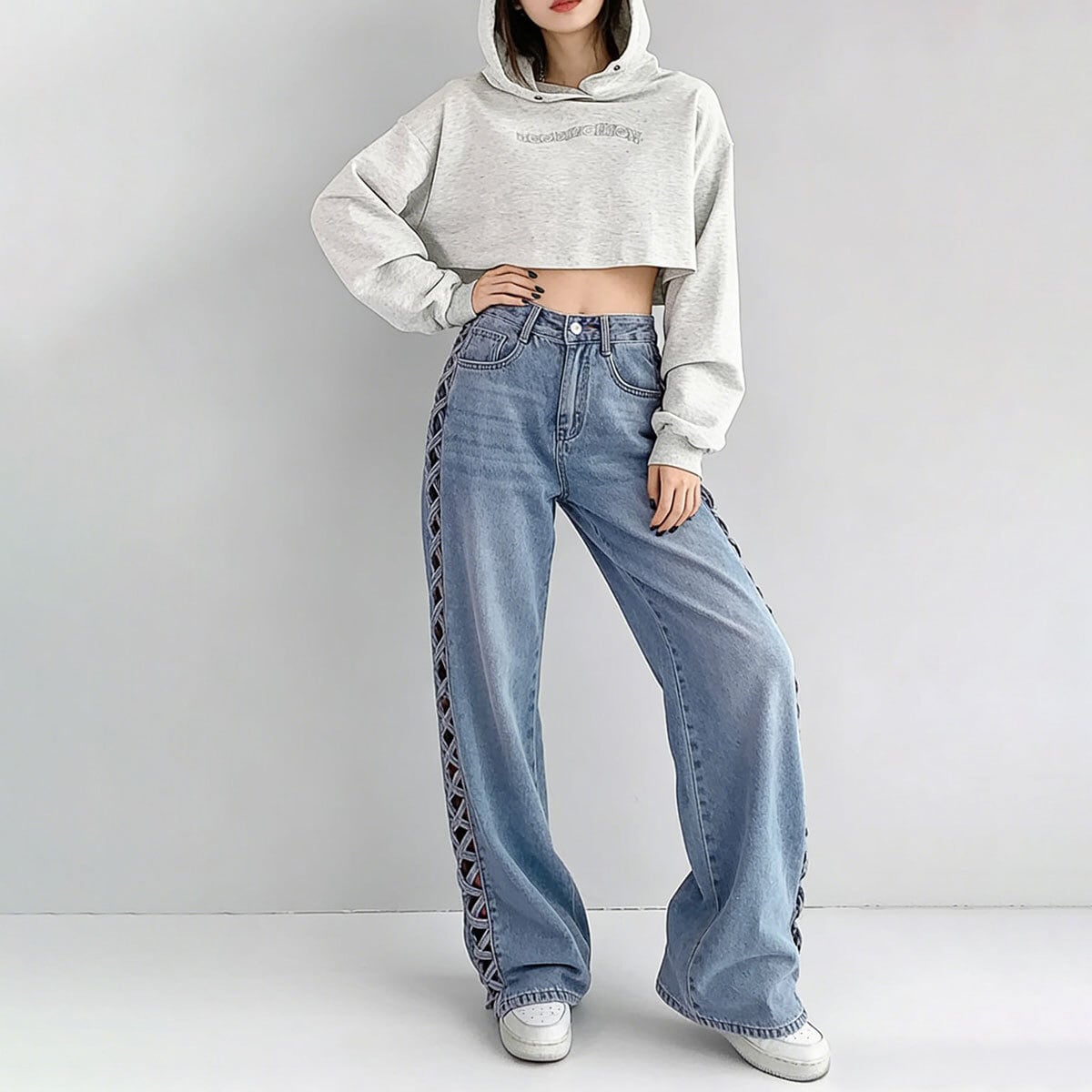 サイドレースアップ デニム パンツ レディース 韓国 ジーンズ 大人