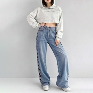 サイドレースアップ デニム パンツ レディース 韓国 ジーンズ 大人 カジュアル 肌見せ 美脚 おしゃれ 原宿系 ストリート ハイウエスト ブルー 大人可愛い 大人女子
