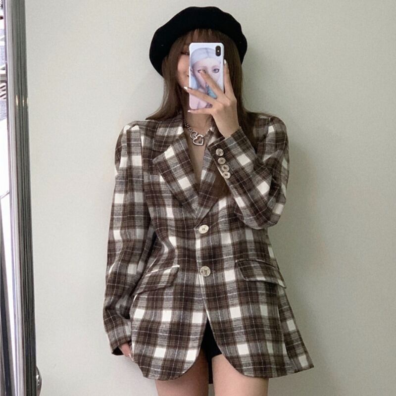 ジャケット スタンダード格子柄スタイルロングルーズスプリング レトロ 春物 YY-ファッション37821365001