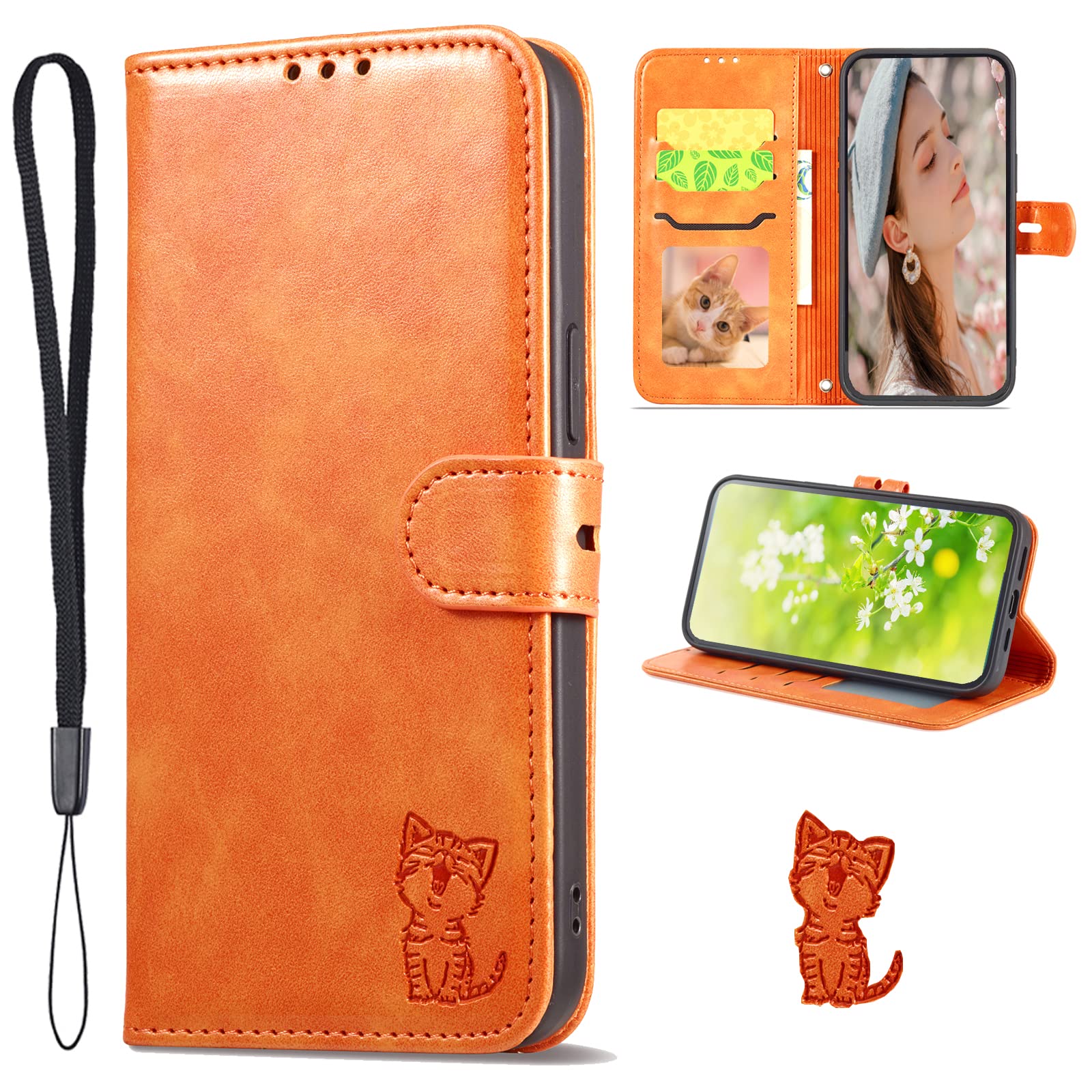 iPhone17 ケース 手帳型 iPhone 17 カバー あいふぉん手帳型 アイフォン 携帯ケース iPhonecase スマホケース スマホカバー 携帯カバー ストラップ付き カード収納 財布型 ベルトマグネット スタンド機能 かわいい 猫 耐衝撃 全面保護 (iPhone 17 対応) オレンジ