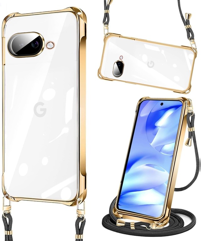 weiaoluoケース Google Pixel 10a クリア ショルダー ピクセル10a カバー 耐衝撃 調節可能な メッキ加工 google pixel 10a ケース 保護ソフト TPU 取り外し ル付き ワイヤレス充電対応 ショルダー 薄型 軽量 肩がけ 首掛け ストラップ付き カメラ保護(ゴールド)