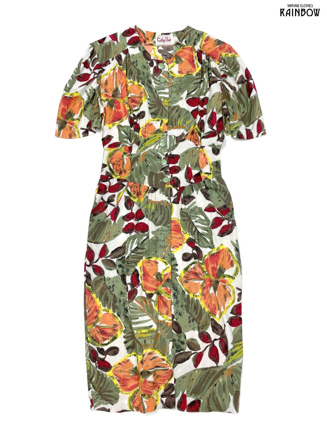 ヴィンテージ ワンピース 花柄 ロング丈 ブラック オレンジ パープル 