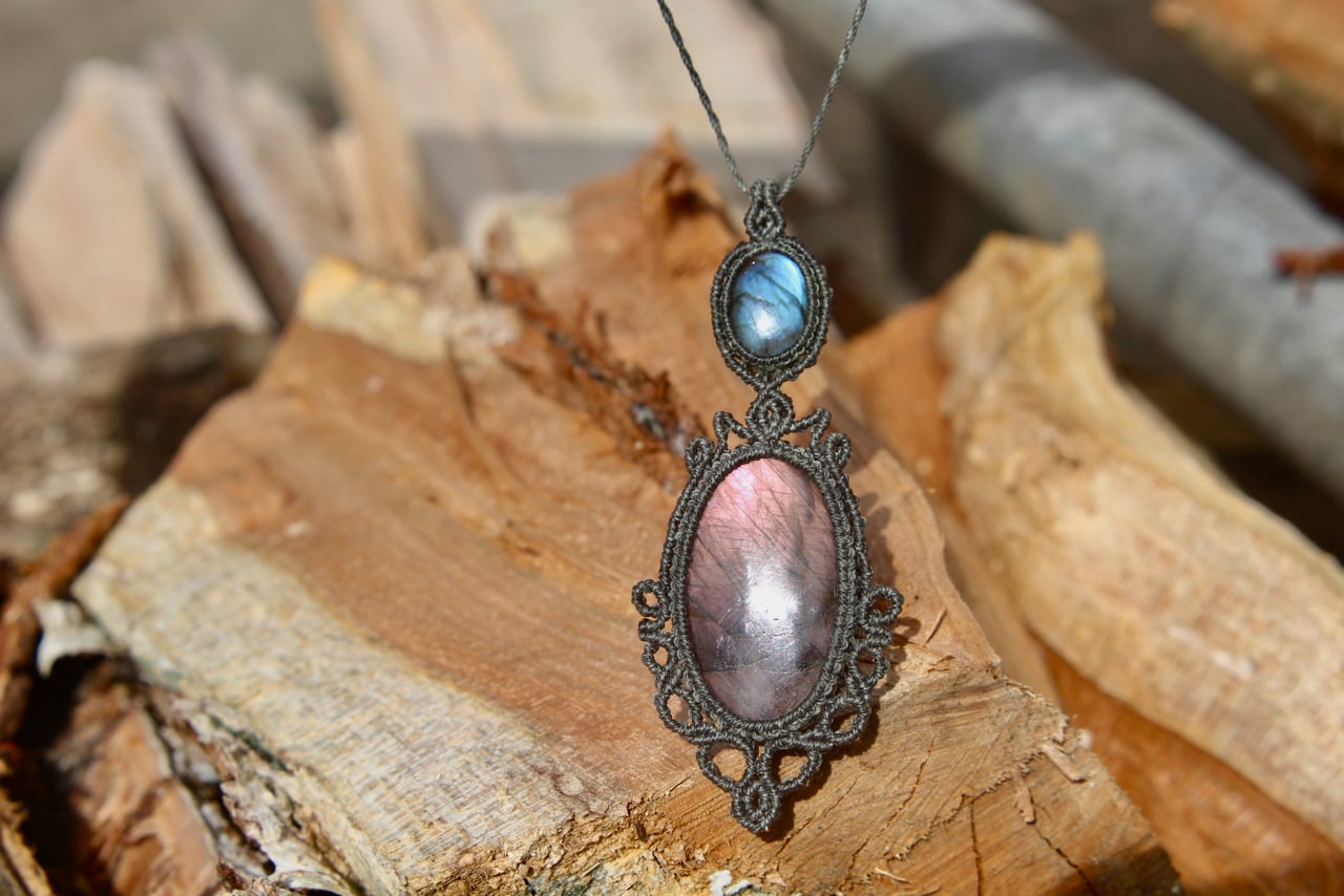 Purple Labradorite & Labradorite micro macrame pendant