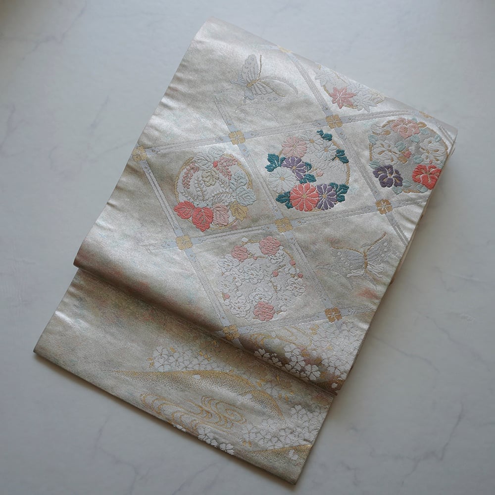 【難あり・ふくろ帯】 四季花丸文に蝶々 箔ふくろ帯