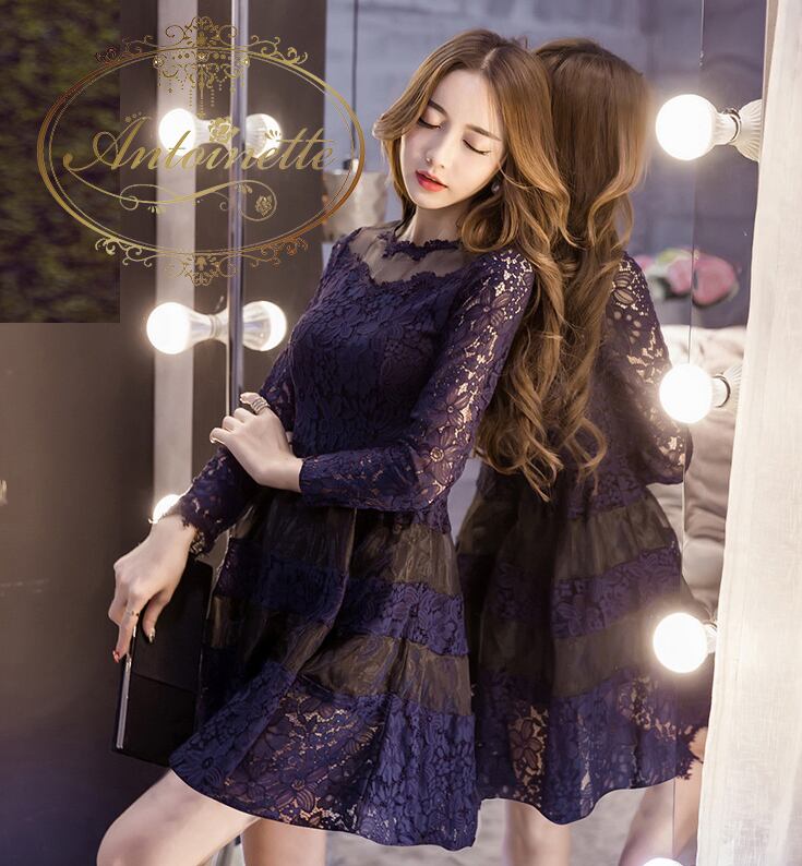 韓国服 韓国 レディース レース オーガンジー シースルー かわいい ネイビー 秋服 秋物 秋 17 デートコーデ デート レディースファッション Antoinette