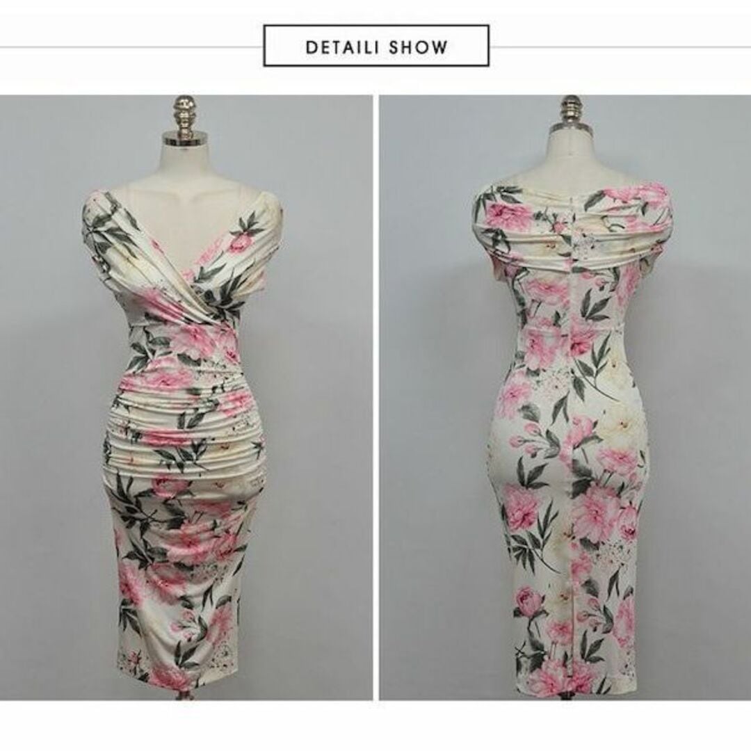 サイズXLレディーススリムVネックハイウエスト花柄タイトノースリープ