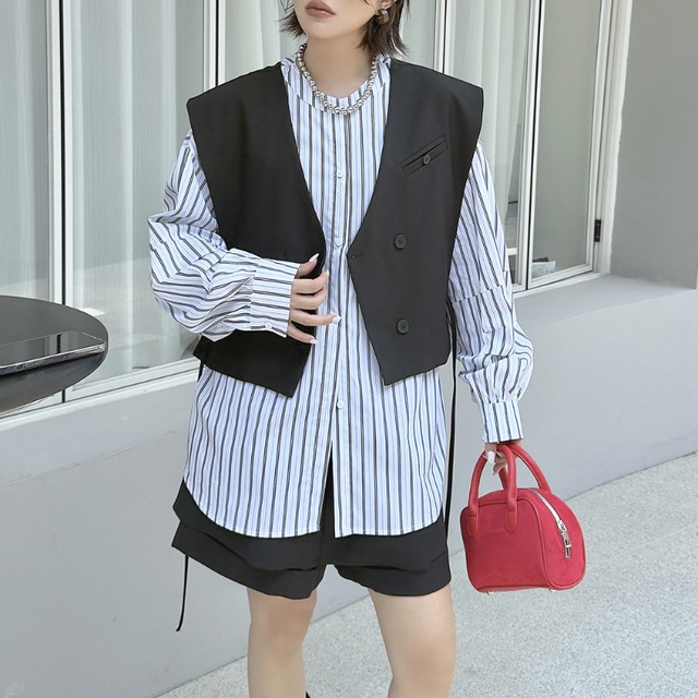 Striped twopiece vest shirt【2color】 C1585