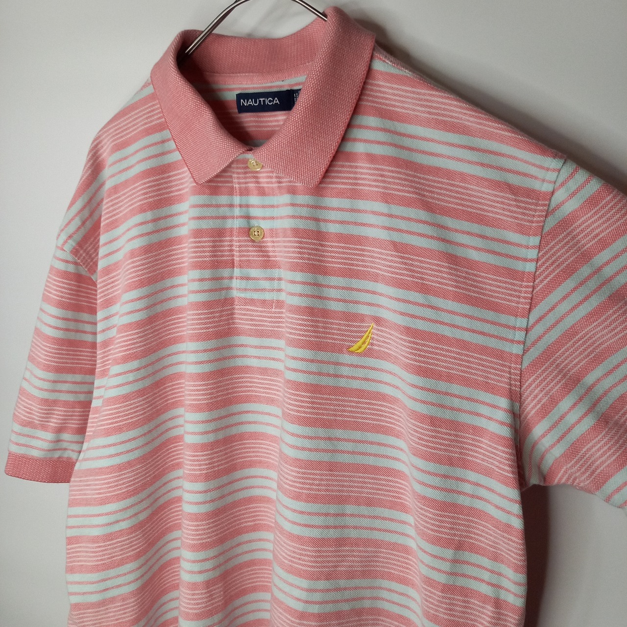 ノーティカ　ラガー　ポロシャツ　半袖　刺繍ロゴ　ボーダー　ピンク　メンズ　L
