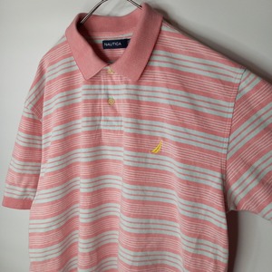 ノーティカ　ラガー　ポロシャツ　半袖　刺繍ロゴ　ボーダー　ピンク　メンズ　L