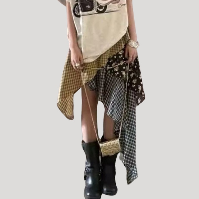 アシンメトリーミディ丈パッチワーク風スカート【001851】