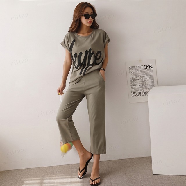 【即納】Y-5020　2026夏新作♡【上下セット】hypeロゴロールアップTシャツロング丈パンツセットアップ　カーキ　0724