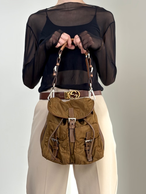 PRADA プラダ ハンドバッグ ベージュ トライアングルロゴ ナイロン ダブルポケット セミショルダー vintage ヴィンテージ オールド cgzz8n