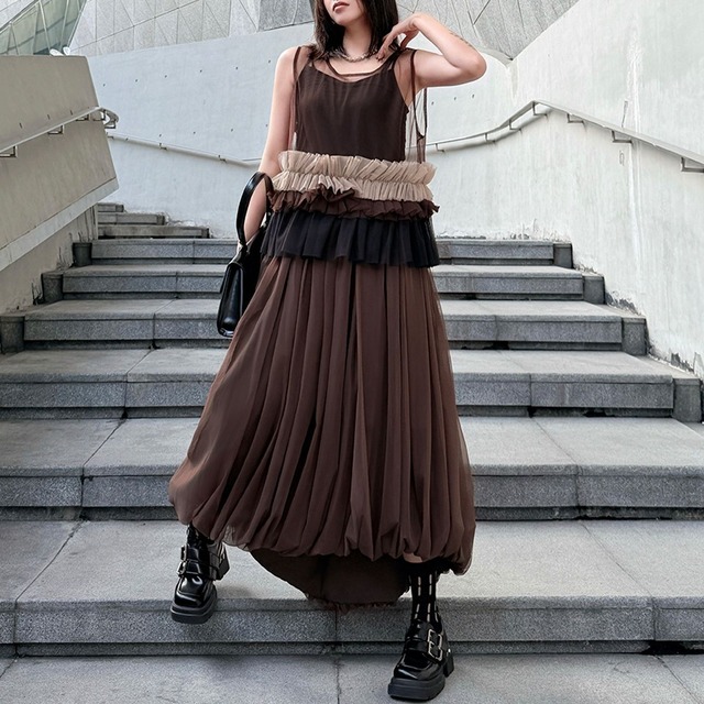 BROWN MESH FRILLED TANK & BALLOON SKIRT 1color M-16138