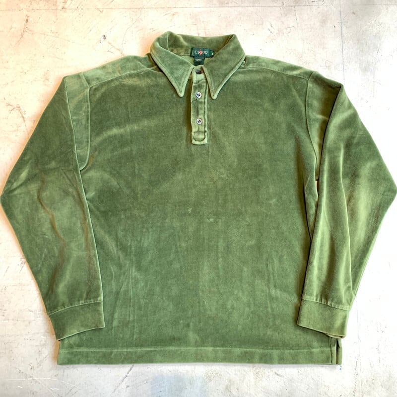 90's OLD J.CREW ジェイクルー 長袖ベロアポロシャツ オリーブ 旧タグ ...