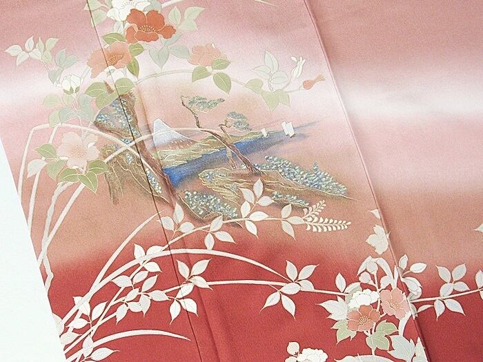 附下げ】袷着物 梨地 椿に富士 虹段暈かし／152cm前後ベスト☆ローズ