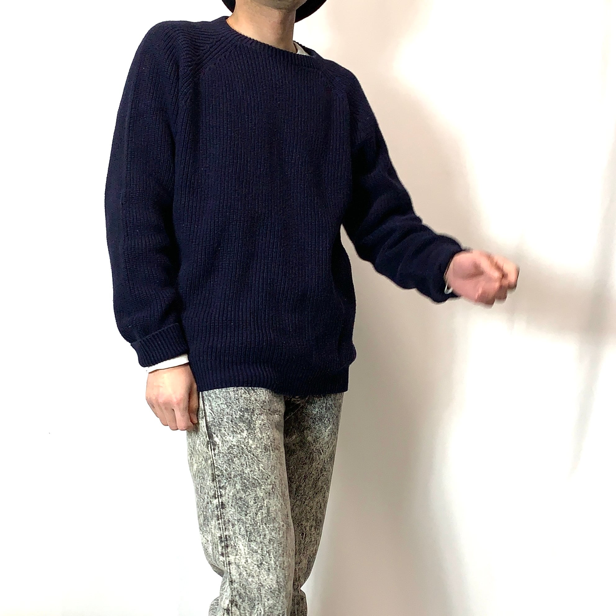 L ダークネイビー コットンニット メンズ  used vintage