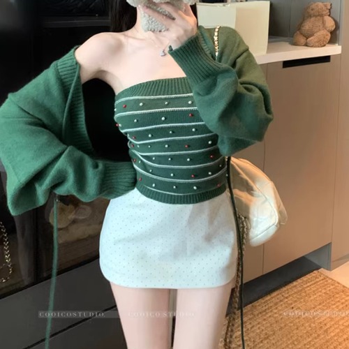 【2点セット】3色／リボンショートニットカーデ＋ビーズデコボーダーベアトップ ・74831