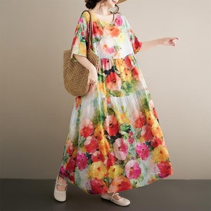 新品 大きいサイズ 春夏 半袖 花柄ワンピース　ロング　楽ちん　リゾート