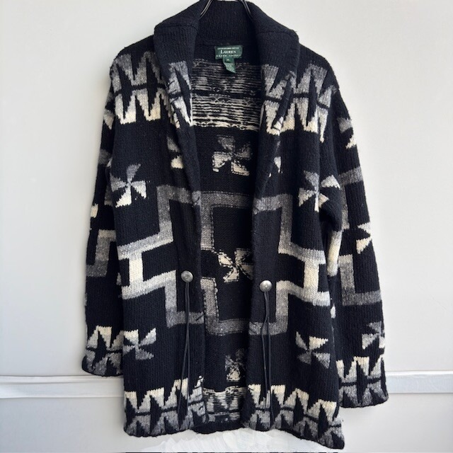 Ralph Lauren ラルフローレン ハンドニットカーディガン 80s〜90s 風車柄 ショールカラー ブラック ヴィンテージ古着 M 画像2